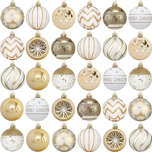 Palle di Natale Oro e Bianco 6 cm 30 Pezzi,10 Designs Palline di Natale Personalizzate Grandi per Addobbi Natalizi per Albero