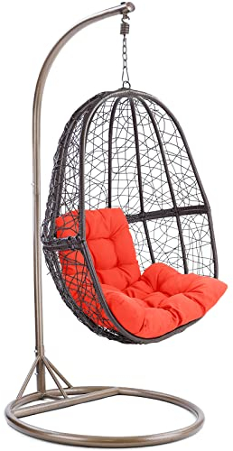 RAMROXX Luxus Hängesessel Fun XL Polyrattan Korb Braun Gestell Braun Kissen Orange