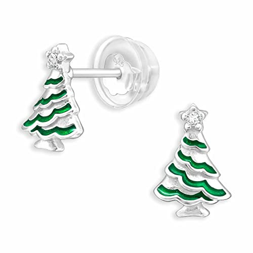 Monkimau Glitzer Weihnachtsbaum Ohrstecker Ohrringe aus 925 Silber Schmuck Silberohrringe Medizinisch für Kinder Mädchen Damen Frauen