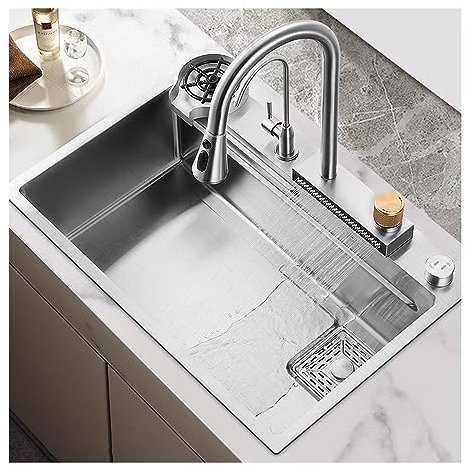 Noir Evier Inox Professionnel pour Évier de Cuisine 1 Bac, Plonge sur Pied, Noir Évier de bar moderne avec lave-bouteille en verre et robinet rétractable pour le commerce et l'amélioration de l'habita