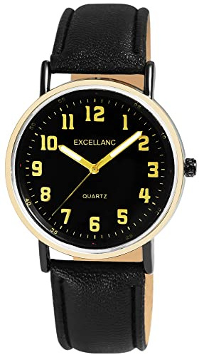 Excellanc Herren-Uhr Kunstleder Dornschließe Leuchtzeiger Analog Quarz 2900229 (schwarz schwarz)