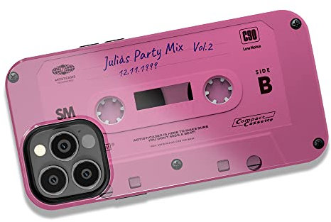 Artisticases Coque cassette rétro personnalisée, mixtape audio personnalisée, conçue pour iPhone 15 Plus, iPhone 14 Pro Max, iPhone 13 Mini, iPhone 12, 11, X/XS Max, ‎XR, 7/8 – Rose vif