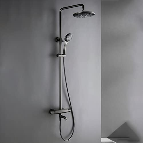 Brausegarnitur Duschsystem Gun Grey Messing Thermostat DREI Funktionen Brausegarnitur Badewanne Umsteller Mischbatterie mit höhenverstellbarem Brausekopf und Wannenarmaturen, Brausegarnitur,B