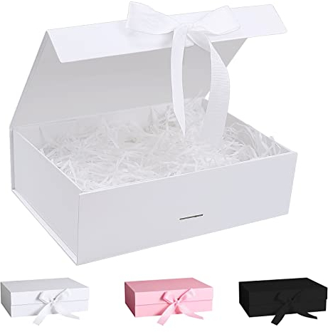 Geschenkbox mit Schleife,Geschenkbox mit Deckel, Geschenkbox mit Schleifenband und Geschreddertes Papier, Magnetische Geschenkboxen für Hochzeit Geburtstag Weihnachten Jubiläum (Weiß, 23 * 17 * 7cm)