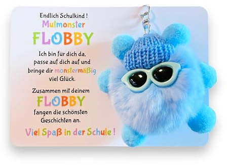 Endlich Schulkind! Mut-Monster FLOBBY, Geschenk Einschulung, Glücksbringer, Mutmacher, Schultüte, Lernhelfer, Anhänger Mäppchen oder Ranzen (Blau)