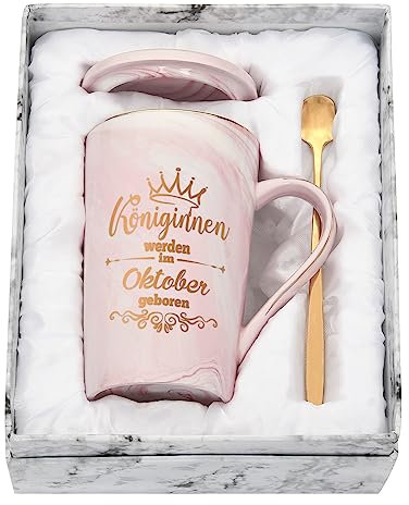 Joymaking Cadeau d'anniversaire pour petit ami/petite amie, cadeau d'anniversaire 400 ml, tasse à café avec inscription en allemand – Reine naît en octobre, rose