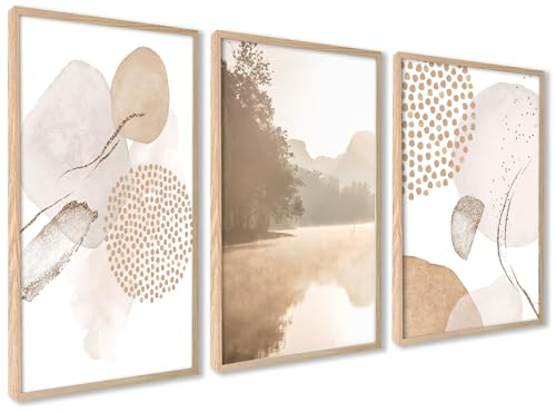 ag.art deco Poster 21x30 | 3x Bilder mit Holz Rahmen | A4 Pastell Poster Set für Wand Deko Wohnzimmer oder Schlafzimmer | Kunstdruck mit Abstrakte Formen und Landschaft