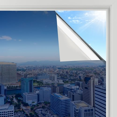 rabbitgoo Film Fenetre Anti Regard Miroir, 90x200cm, Film Miroir pour Fenetre sans Tain, Brise Vue Vitre Adhesif Anti Chaleur Anti UV, Filtre Occultant Fenêtre Protection de Soleil, Bleu Argent