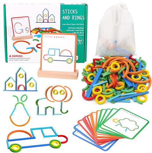 Montessori Lernspielzeug ab 3 Jahre, Montessori Spielzeug, Vorschule Spiele, 120 Holz Stk und Ringe 20 Karten für Unzählige Spannende Figuren, Lernspielzeug, Geometriebrett Jungen Mädchen Geschenk (A)