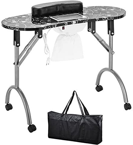 Portable Nail Table, Manicure Table with Dust Collector Fan and Wrist Pad, 4 Lockable Wheels, Foldable Nail Desk Workstation, for Home Beauty Salon (Black)