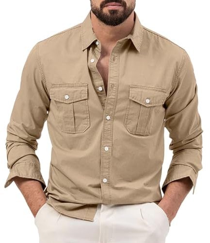 Mens Long Sleeve Button Down Workout Shirts Outdoor Military Tactical Shirts Casual Lightweight Button Up Hiking Safari Shirts with Pockets Khaki