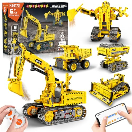 HOGOKIDS Jouets de Construction RC Techniques 5 en 1 Livré avec Application et télécommande, Bulldozer d'ingénierie/Pelle/Robot/Camion à Benne basculante/Camion élévateur garçons et Filles de 6-12
