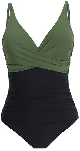 Laorchid, costume da bagno intero con scollo a V, costume da bagno da donna, costume da bagno a vita alta, Verde con nero, 52