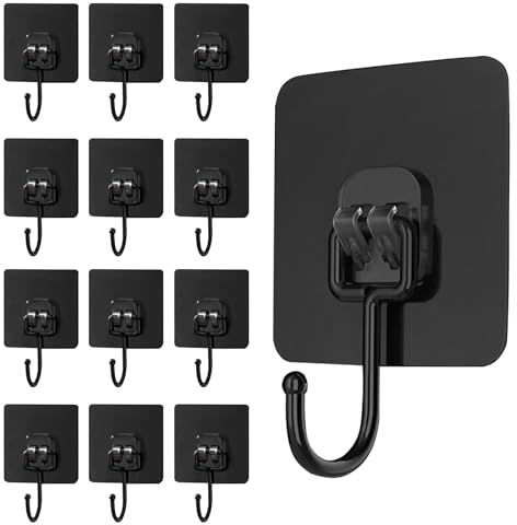 MOSTFUN 12 Pezzi Ganci Adesivi, Nero Autoadesivi Gancio Adesivo Bagno da Parete 30 kg (max), per Bagno Cucina Soggiorno Ufficio Soffitto