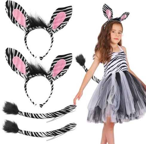 EUPSIIU 4 Stück Zebra Kostüm Set, Tier Ohren Stirnband und Schwanz Set, Tierohren Stirnband, Ohren Stirnband Set, Fancy Kleid Party Dschungel Party Halloween Karneval Mottoparty Accessoire