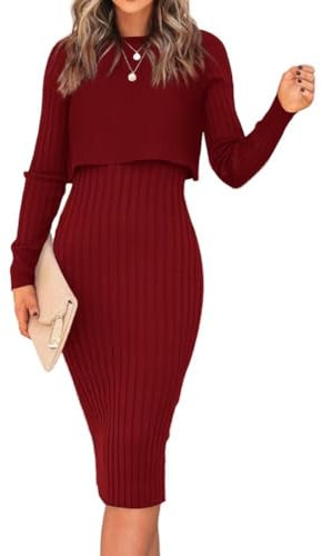 LACOZY Women's Ribbed Long Sleeve Sweater Dress Crew Neck Crop Tops Knitted Slim Fit Tank Midi Dress 2 Piece Outfits Sets Burgundy S