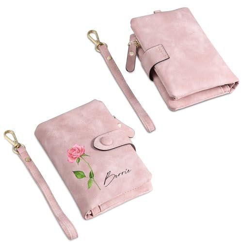 Glimmerday Personalisierte Brieftasche für Frauen, Floral Geburtstag Brieftasche, Bifold Leder Brieftasche mit personalisierten Namen, (Rosa)
