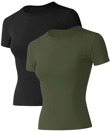 IECCP Sportshirt Frauen Kurzarm Leichtes Wandershirt Damen Atmungsaktiv Funktions Sport Oberteile Oversize Rundhals Sport Top Passend für Fitness Laufshirt Yoga Armeegrün 2er Pack XL