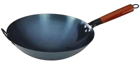 LOVIVER Padella Wok Wok Antiaderente Pentole a Gas Cottura Generale Padelle Wok Manico in Legno Ferro Wok a Fondo Tondo per Carne Toast Omelette Torte, 32 cm con orecchie