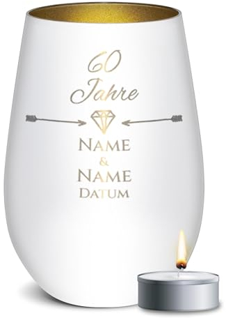 PR Print Royal Weißes Windlicht mit Gravur zur Diamantenen Hochzeit - 60 Jahre - mit Namen & Datum - Hochzeit Geschenke Diamantene Hochzeit | inkl. Teelicht, 450 ml, Innen Gold