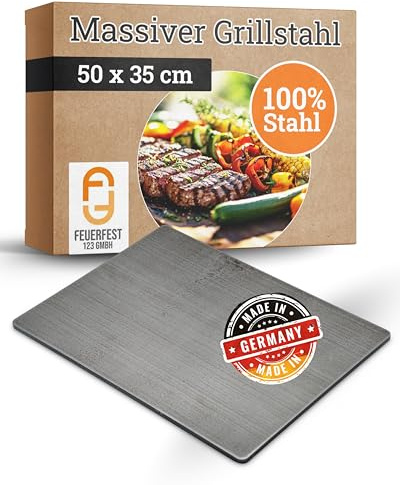 Feuerfest 123 Stahl Grillplatte I 50x35cm I Massive Stahlplatte für Kohle- & Gasgrill I Plancha-Alternative mit 8mm Stärke I Grill-Platte aus Handarbeit I Ideal als Pizzastein & Brotbackstein