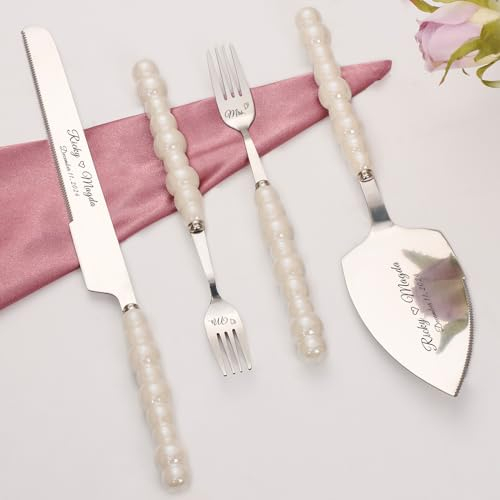 Perle Ensemble de Couteau Et Serveur de Gâteau de Mariage avec Fourchettes, Argent Ensemble de Découpe de Gâteau en Acier Inoxydable pour le Mariage Comprennent un Coupe-Gâteau et un Serveur (4)