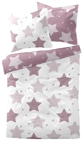 Traumschlaf Biber Bettwäsche Sterne lila – kuschelige Flanellbettwäsche aus 100% Baumwolle – flauschig weich & atmungsaktiv – mit Sternendesign & Reißverschluss – 160x210 cm + 65x100 cm