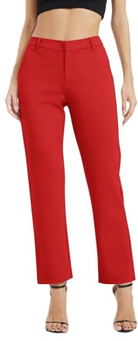EXCHIC Donne Business Gamba Dritta Elastico Vita Lavoro Pantaloni Casual Comodo Bootcut Pantaloni con Tasche(M, Rosso)