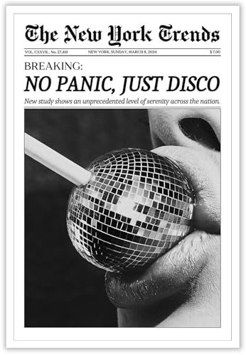 Beshdomp Vintage-Poster No Panic Just Disco, schwarz-weiß, Zeitung, Leinwand, Wandkunst, New York Times, Magazin, Schlagzeile, Gemälde für Zuhause, Schlafzimmer, Wohnheim, Wanddekoration, 20,3 x