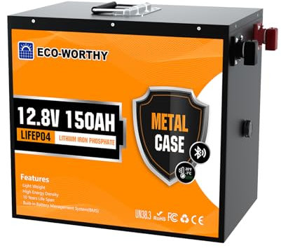 ECO-WORTHY LiFePO4 Batteria Bluetooth, 150 Ah, 12 V, protezione BMS da 120 A da basse temperature, max. 15000 cicli, batteria al litio da 1920 Wh, 12 V, per camper, pannelli/impianti solari, barca
