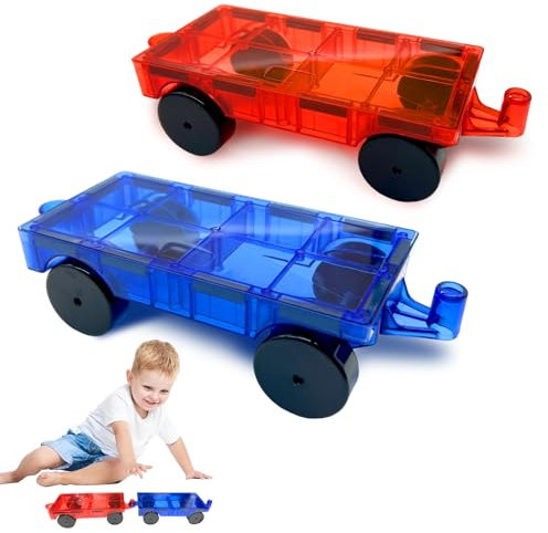 Magnet Bricks Truck, 2 Pcs Magnetic Tiles Expansion Car, Magnetic Construction Set, STEM Toys, Add-ons with Re-Enforced Hitch and Long Bed, for 3 4 5 6 7 8+ Year Old（Red and Blue）