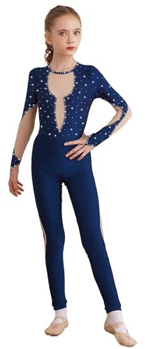 TTAO Mädchen Ganzkörperanzug Sportlich Body Lang Turnanzug Langarm Gymnastikanzug Kinder Tanzanzug Wettbewerb Tanzkostüm Navy blau 146-152