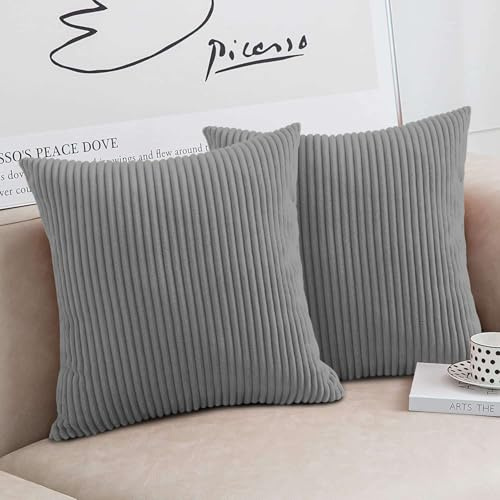 Moonlight Bedding Corduroy Cushions with Covers included Silver Pack of 2 (2 covers, 2 inserts) 45 x 45 cm Decorative Stripe Throw Pillow Cases with Invisible Zipper for Living Room Bed Sofa