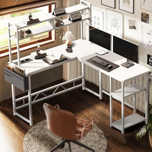 Devoko Scrivania Gaming con LED, 160 x 120 cm Scrivania con Ripiano Reversibile, Scrivania ad L con 2 Prese e 2 Porte USB, Scrivania Gaming con Scomparti e Spazio di Archiviazione,Bianco