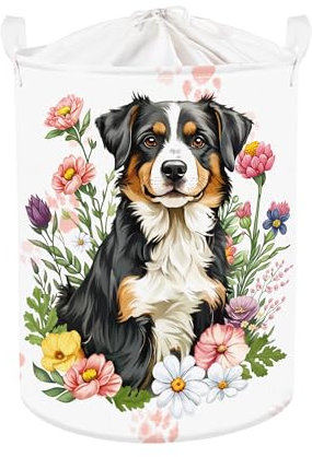 Clastyle 45L Large Dog Spring Flower Kid Laundry Hamper with Handle for Boy Girl Collapsible Clothes Toy Storage Basket with Lid for Bedroom Bathroom Nursery
