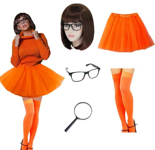 Fasching Kostüm Damen Cosplay Student PerüCke Fasching+Tüllrock Damen +Brille Karneval+Overknee Socken +Handlupe,Tüllrock Damen Orange Für Karneval Cosplay Party Fancy Dress Cosplay Lehrer
