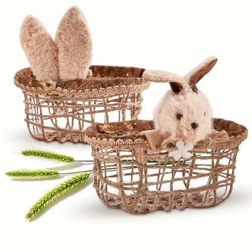 2 Pièces Panier Osier Paques avec Poignées, Panier Oeuf de Paques pour Chasse Oeufs, Panier Paques avec Oreilles de Lapin, Panier de Pâques Enfant, Decoration Paques Nid de Tressé Cadeau Fête