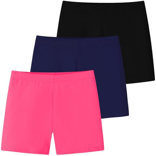 Domee Shorts Leggings Corti Pantaloncini Sportivi Estivi Cotone Bambina 3 Pack, Fucsia Marino Nero 6-7 Anni (Taglia del Produttore: 130)