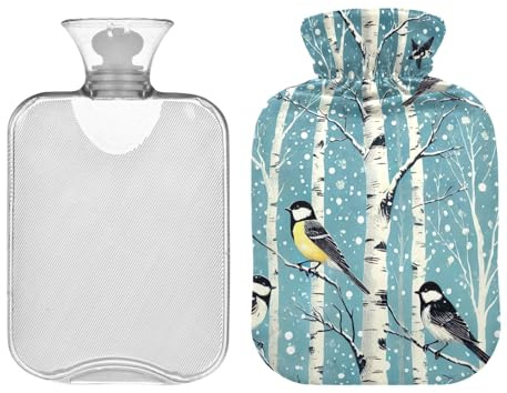 Wärmflasche mit weichem Bezug, Vögel und fallender Schnee, 1 Liter Wärmbeutel für heiße und kalte Kompresse, Wärmflaschen mit Bezügen