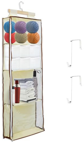 Hanging Yarn Storage Organiser Unit with 4 Large Pockets Clear Knitting Organizers Storage with Zippers Over-Door Hooks Wool Storage Bag for Knitting Needles, Crochet Hooks, Sewing Balls (Beige)