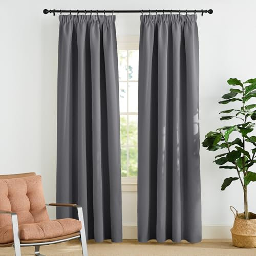 PONY DANCE Thermovorhang Kälteschutz Kräuselband Gardinen Grau Blickdicht 2er Set H 220 x B 140 cm Verdunklungsgardine für Schienensystem Vorhänge Wohnzimmer Blackout Curtains for Bedroom