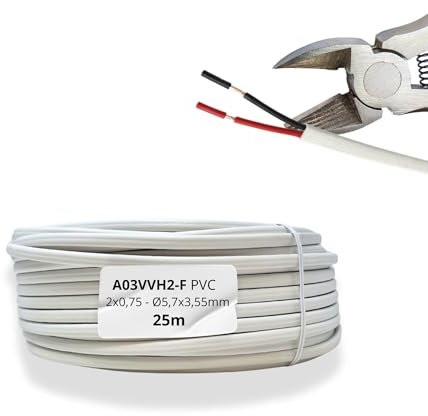 HALOTEC 25 Metros Cable Manguera Plana PVC 2x0,75 mm² Blanco interiores ROJO-NEGRO| Tipo 03VVH2-F | Cable Doble de Cobre Flexible | Cordón Eléctrico Plano para Iluminación LED