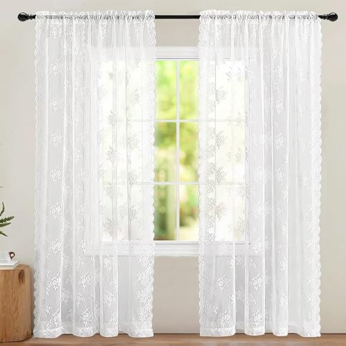 2 Stück Weiße Spitze Vorhang Blumen, B150 X H200 cm Spitze Vorhang Voile, Spitze Gardinen Weiß Vorhang, Für Wohnzimmer, Schlafzimmer, Küche, Hochzeit Dekor, Landhausstil