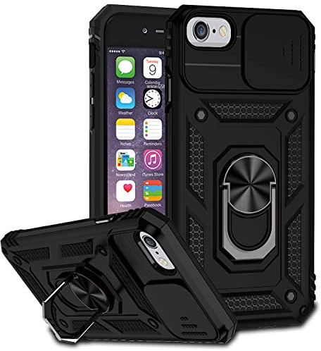 IMEIKONST Panzerhülle für iPhone 8 Cover, Armor Stoßfest Silikon TPU Hart PC Schutzhülle mit Kameraschutz 360 Grad Drehbar Ringhalter Handytasche für iPhone 7/6. Schwarz JXT