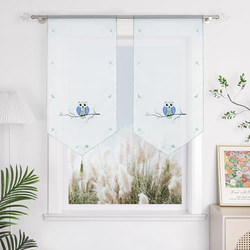 Yujiao Mao Scheibengardine, transparent, auf Stange, Weiß, kurz, bestickt, Motiv Eule, Blau, BxH 80 x 160 cm, 1 Stück
