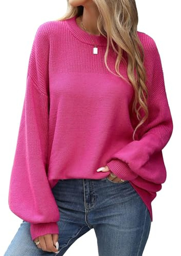 heekpek Maglione Donna Invernale Elegante Girocollo Maglia Maniche Pipistrello Pullover Autuno Maglione Oversize Caldo Maglioni Morbido Sweater, Rosa, S