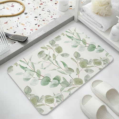 Topzywlc Stone Bath Mat Diatomite Quick Dry Bath Mat Non Slip Anti Mould Absorbent Magic Mat for Bathroom Floor Comes with Non-slip Pad and Sandpaper (Leaves, 39 * 60 * 0.9cm)