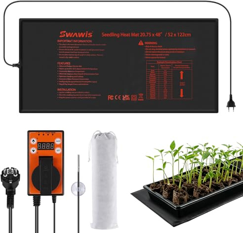 SWAWIS 130W 52,7x121,9cm Heizmatte mit Thermostatregler Separatem | Wärmematte Pflanzen Set für Gewächshäuser Gartenhäuser Terrarien, IP67 Amphibien Pet Mat Wärmer mit Aufbewahrungstasche