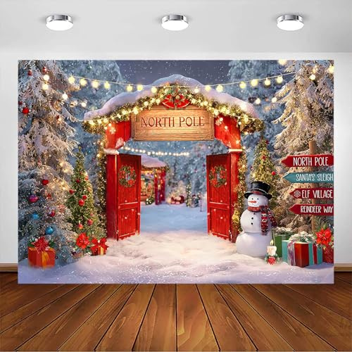 Avezano Toile de fond de Noël, forêt enneigée, porte de grange en bois, pôle nord, arbre de Noël, arrière-plan pour photo de famille, décoration de fête de Noël, portrait, accessoires de photomaton