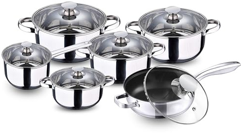 Crystals Cookware Set 12Pcs – Induction Hob Pan Set with Casserole Pot with Lid, Stockpots & Saucepans | Stainless Steel Cooking Pot Set | Mirror Finish – Dishwasher Safe